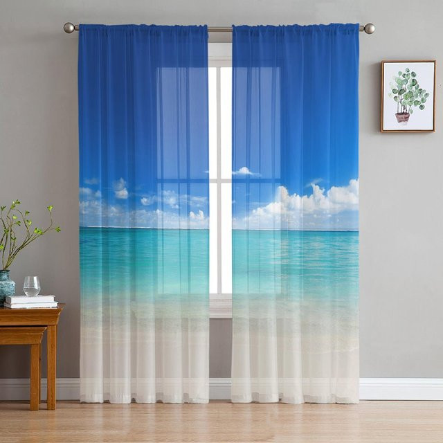 Transparente Ocean Beach Landschaft Vorhänge aus Organza Tüll in Blau, Breite: 135 cm, Höhe: 115 cm - Bild 1