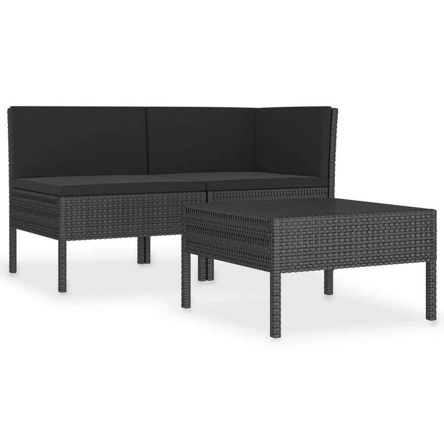 vidaXL 3-tlg. Garten-Lounge-Set in L-Form mit Auflagen und Couchtisch, Poly Rattan und Metall, Schwarz - Bild 2