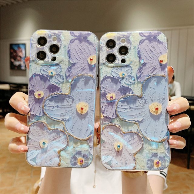 Stoßfeste Schutzhülle mit Luxus Ölgemälde Blumen Motiv für iPhone Modelle in Blau und Multicolour von MUQGEW - Bild 1
