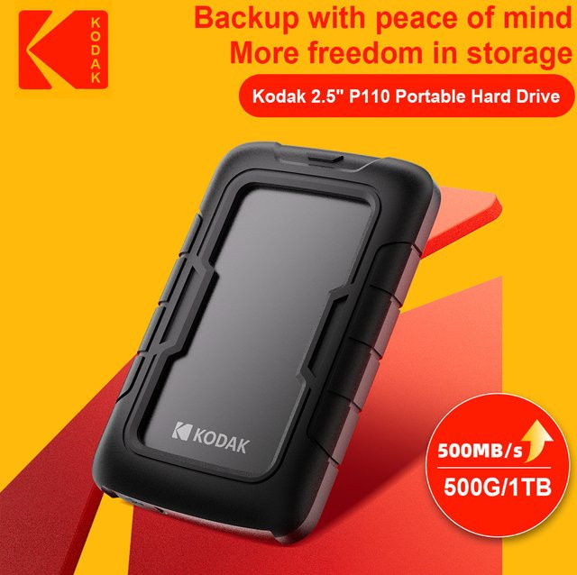 Kodak P110 Tragbare Externe Festplatte HDD mit Silikon-Schutzhülle, 500 GB, Schwarz, USB 3.0 und USB-C - Bild 1