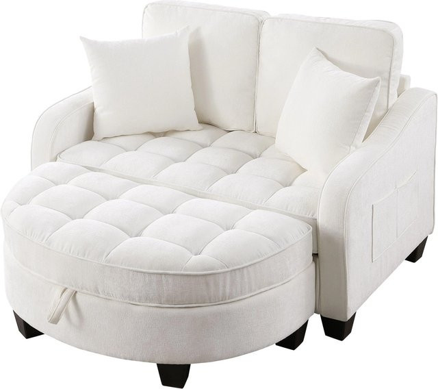 PXloue 2 in 1 Schlafsofa mit Aufbewahrungshocker in Beige, Stoffbezug und Eukalyptusholz-Rahmen - Bild 1
