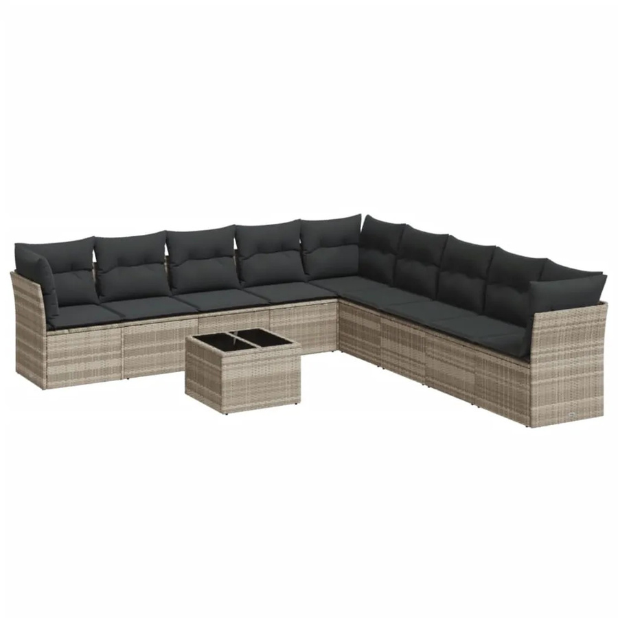 vidaXL 10-teilige Garten-Sofagarnitur aus Poly-Rattan in Hellgrau mit Kissen und Tisch - Bild 2