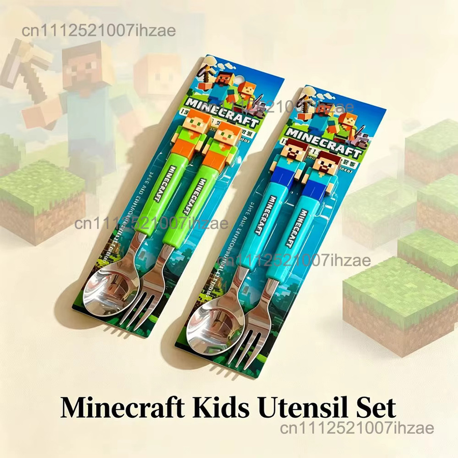 Bandai Minecraft Zubehör, Löffel-Gabel-Set Puppen-Griff, Edelstahl, Kunststoff, Metall, Blau, Bunt / Mehrfarbig - Bild 1
