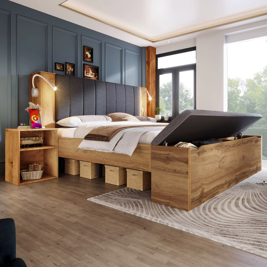 KOMHTOM Doppelbett aus Holz in Eichefarben mit klappbarem Leinen-Kopfteil, integrierten Nachttischen, Bettbank mit Stauraum und USB-Leselampen - Bild 2
