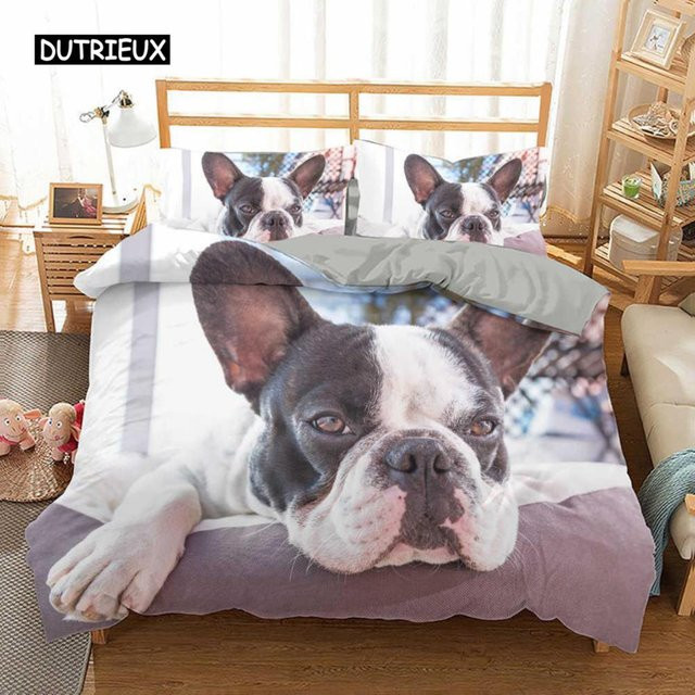 Bettwäsche-Set mit französischer Bulldogge von Binchi Outdoor Product, 3-teiliges Kinder-Bettbezug-Set mit Welpen-Motiv in Mehrfarbig, Material Polyester und Mikrofaser, Breite: 150 cm, Länge: 200 cm - Bild 1