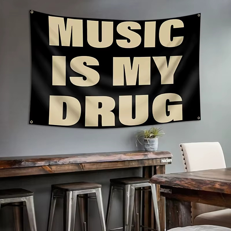 VIKAMA Retro Wandteppich mit Aufschrift MUSIC IS MY DRUG in Multicolour, Breite: 60 cm, Höhe: 40 cm - Bild 2