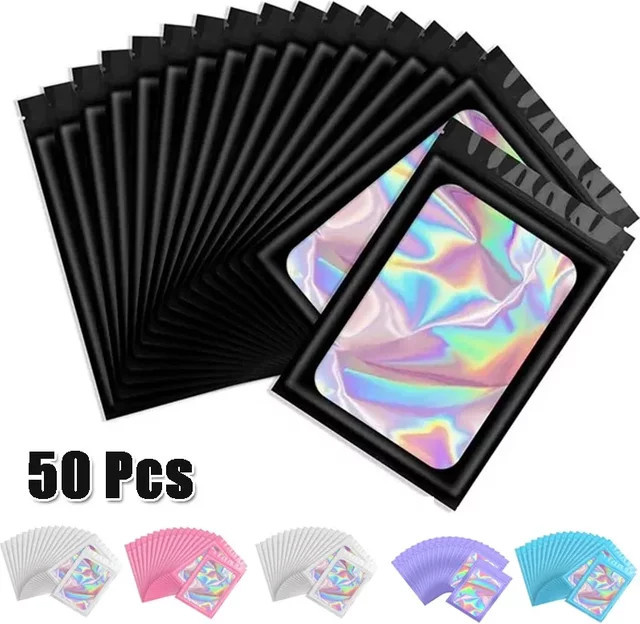 50 Stück versiegelbare Mylar-Beutel aus Kunststoff, geruchsdicht und transparent, Farben: Pink und Schwarz - Bild 1