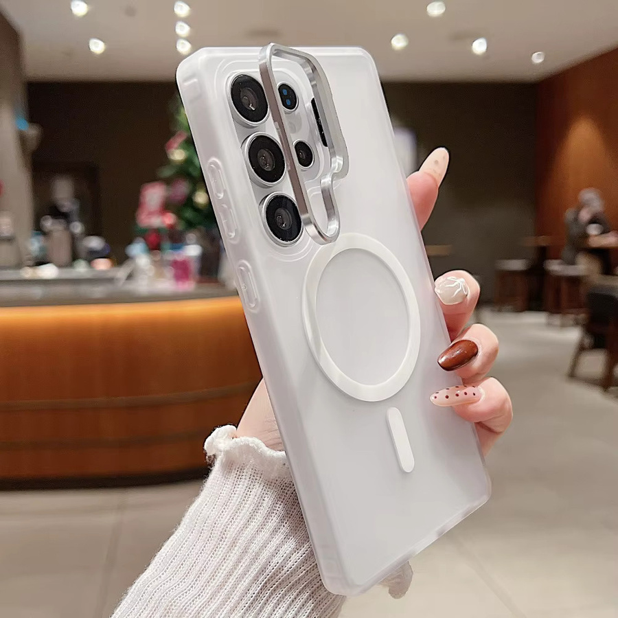 Stoßfeste Handyhülle aus Acryl und TPU mit magnetischem Metalllinsenständer für Samsung Galaxy S25, S24FE, S23 und S22 Ultra Plus in Transparent/Grün - Bild 2