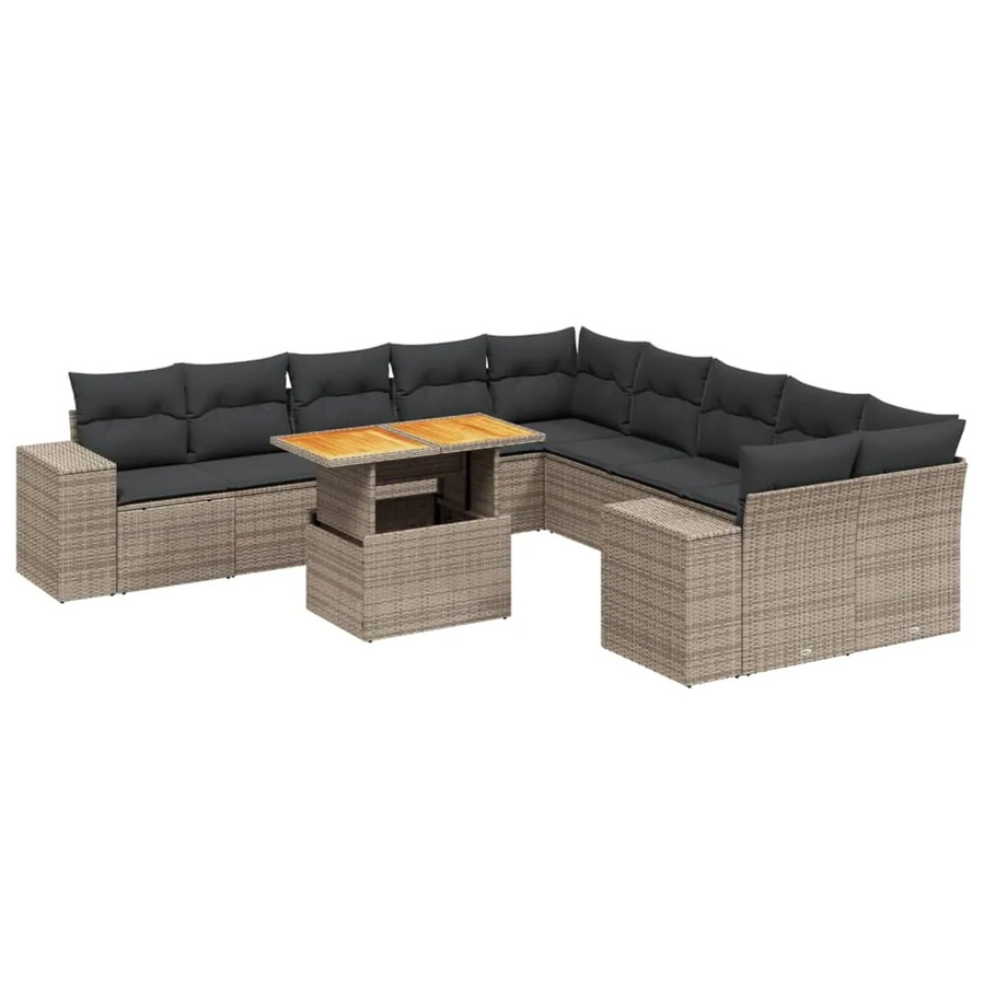 vidaXL 11-tlg Garten-Sofagarnitur in L-Form aus Polyrattan und Akazienholz mit Kissen in Grau - Bild 2