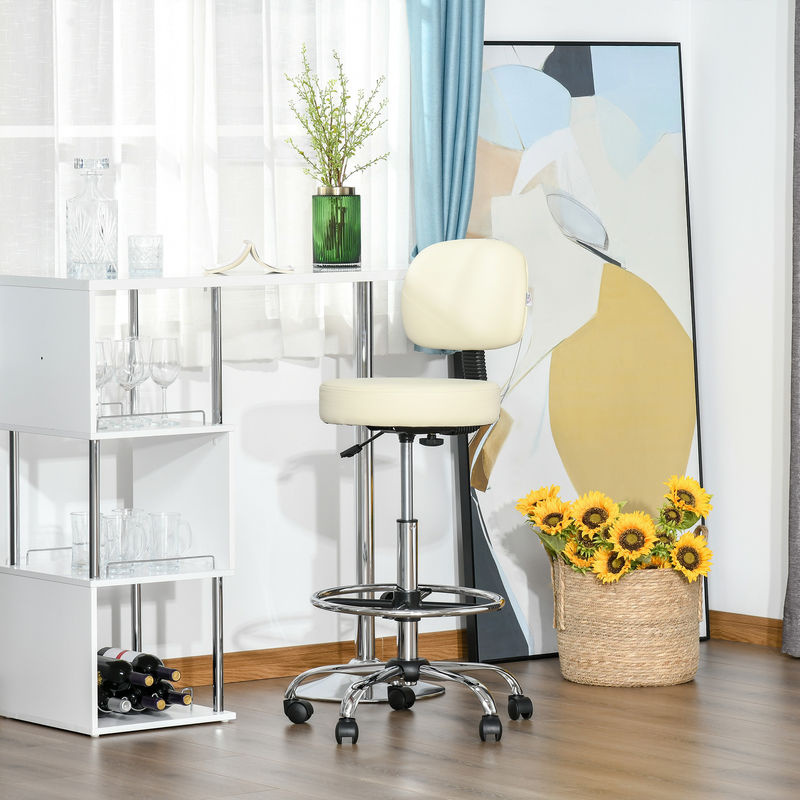 HOMCOM Drehbarer Barhocker mit Lehne in Beige, höhenverstellbarer Arbeitshocker mit PU-Bezug für Küche und Bar, B/T/H: 56 x 57 x 104-127 cm - Bild 2