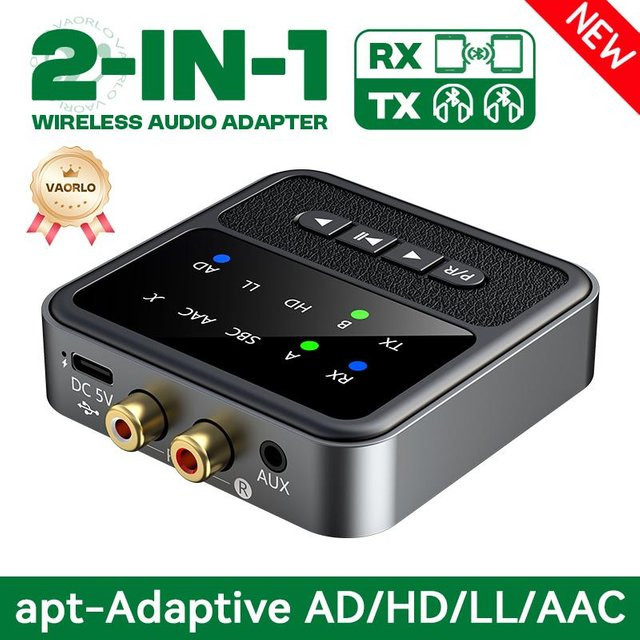VAORLO 2 in 1 Bluetooth Audio Sender und Empfänger mit aptX Adaptive, AD/HD, LL und AAC, 3,5mm AUX sowie RCA Stereo HiFi Musik Adapter mit Mikrofon, schwarz - Bild 1