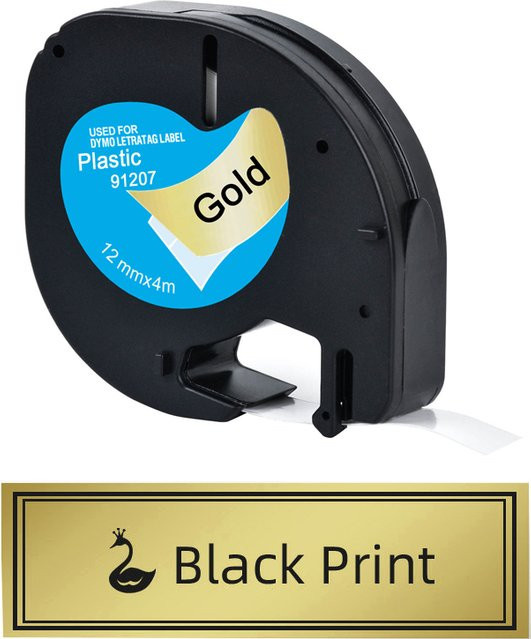 Phomemo Kunststoff-Etikettenband Schwarz auf Gold für P12 und P12Pro sowie kompatibel mit DYMO LetraTag 100H LT-100T LT-200B Ersatzband 91207 - Bild 1