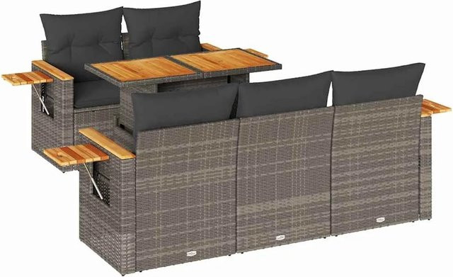 vidaXL 6-teilige Garten-Sofagarnitur in L-Form aus Polyrattan und Akazienholz in Grau mit Kissen und Tisch - Bild 1