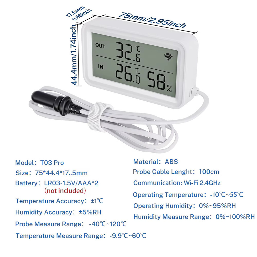 Tuya Wi-Fi Temperatur-Feuchtigkeitsmesser mit digitalem LCD und externer Sonde, kompatibel mit Tuya Smart Life und Google Assistant, Farbe: Weiß - Bild 6