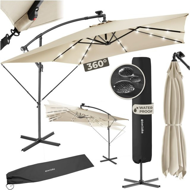 tectake Sonnenschirm mit LED Solar-Beleuchtung, stufenlos verstellbarer Neigungswinkel, wasserabweisend, inkl. Windsicherung und Schutzhülle, B/T: 250 x 250 cm - Bild 1