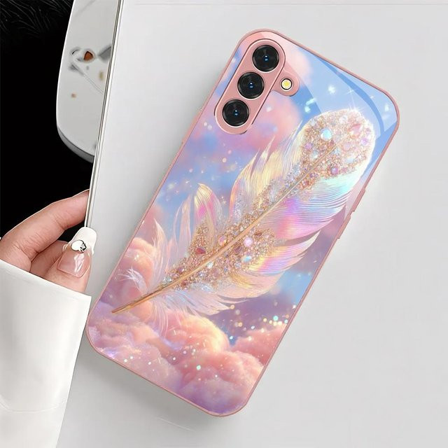 Stoßfeste Handyhülle aus gehärtetem Glas mit Rosa Feder Design für Samsung Galaxy S26 S25 S24 S23 S22 S20 FE Ultra Plus und S24 FE in Pink/Multicolor - Bild 1