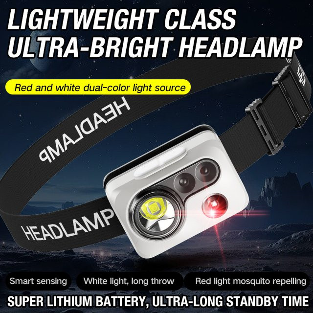 Ultrahelle Stirnlampe mit Sensorfunktion und rotem blinkendem Warnlicht für Outdoor, Camping, Wandern und Radfahren - Bild 1