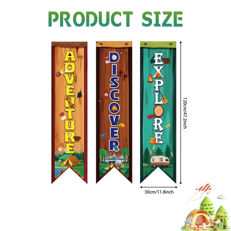 3er-Set Camping Party Banner mit Motivationswörtern und Willkommen-Schriftzug, mehrfarbig, rustikaler Textil-Wimpel für deine Wohnmobil-Dekoration - Bild 2