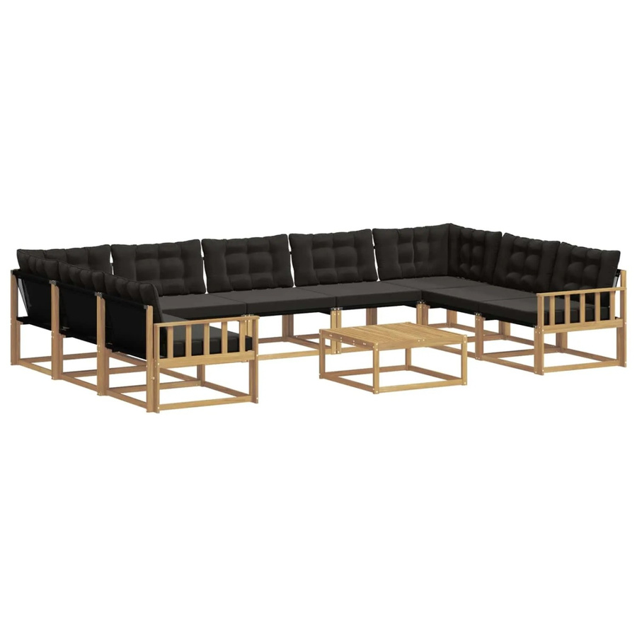 vidaXL Outdoor-Sofagarnitur in L-Form aus massivem Akazienholz mit Textilene und Kissen, 10-teiliges Set, Weiß-Schwarz - Bild 2