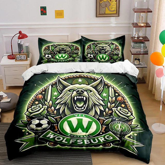 VFL Wolfsburg Fußball Bettwäsche Set mit Bettbezug und Kissenbezügen, Farbe: Grün, B/H: 200 x 220 cm - Bild 1