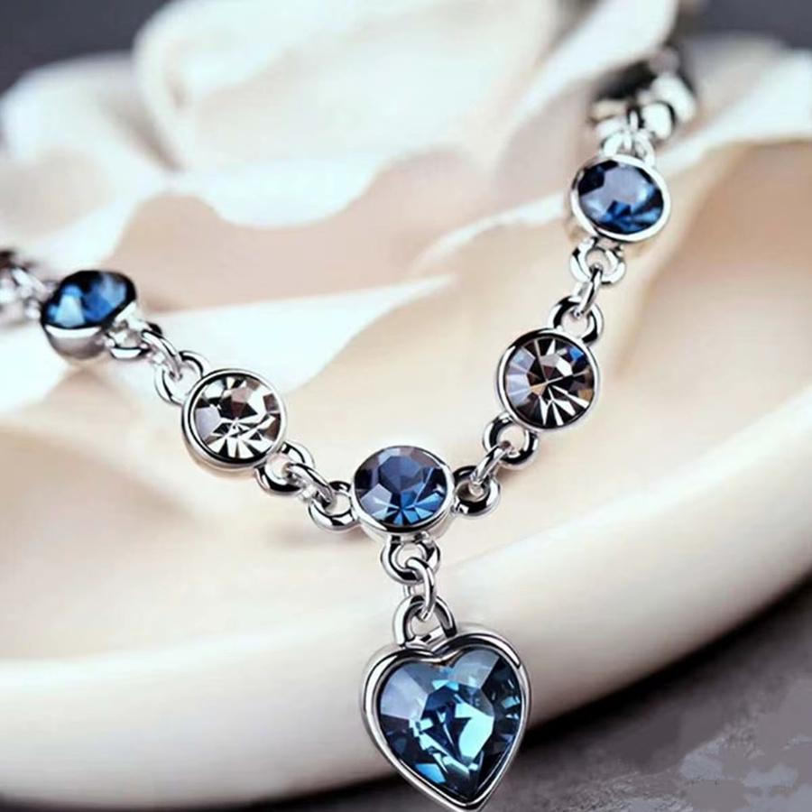 Obega Armband, Silber Farbe, Blaue Kristall Herz Charme, Damen - Bild 2