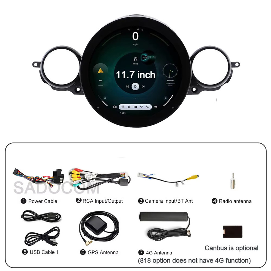 Sadocom Android 14 Autoradio-Player mit Carplay und DSP, 11,7 Zoll Multimedia-Navigationssystem für BMW Mini Cooper R55 R56 R57 R58 R60 (2007-2013), 8GB RAM, 128GB ROM, Schwarz - Bild 5