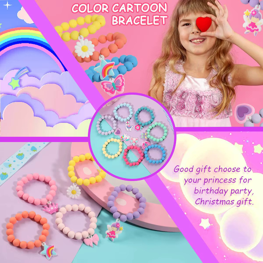qpeach Perlenarmbänder, 12 Stück Set, Prinzessinnenkrone, Schmetterling, Einhorn, Herz, Blume, Schloss, Kinder, Mädchen - Bild 2