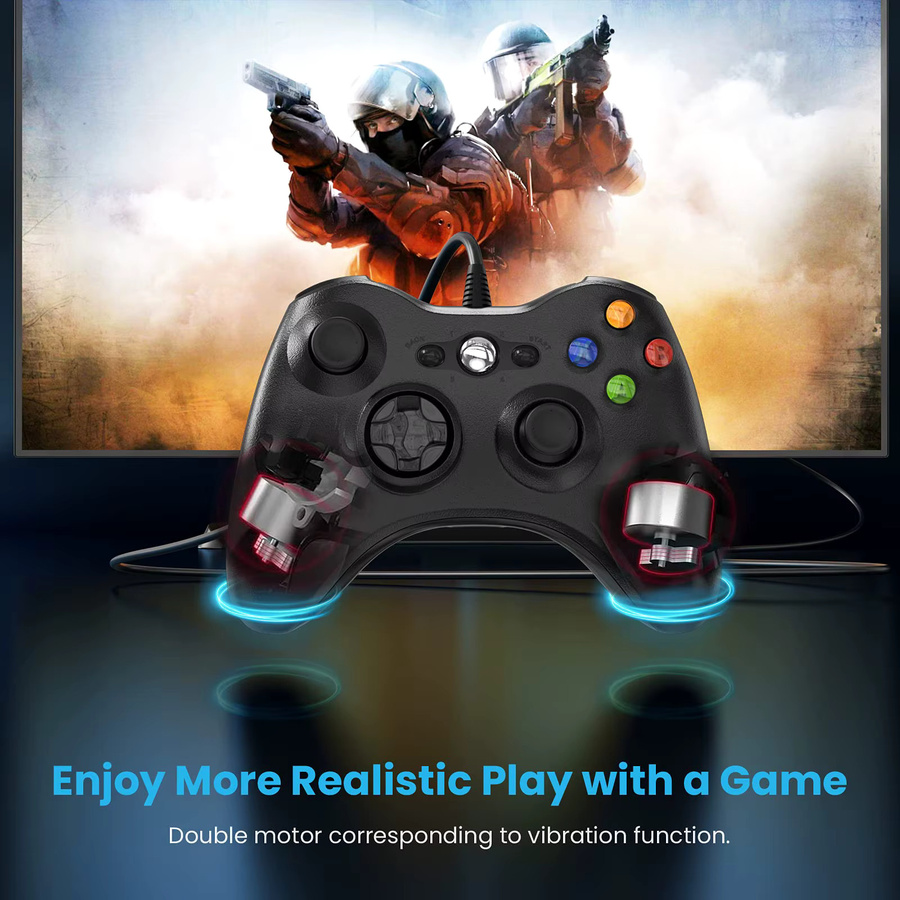 Turpow Kabelgebundenes Gamepad mit Dual-Vibration und Turbo-Funktion für Xbox 360, Xbox 360 Slim und PC in Schwarz und Weiß - Bild 3