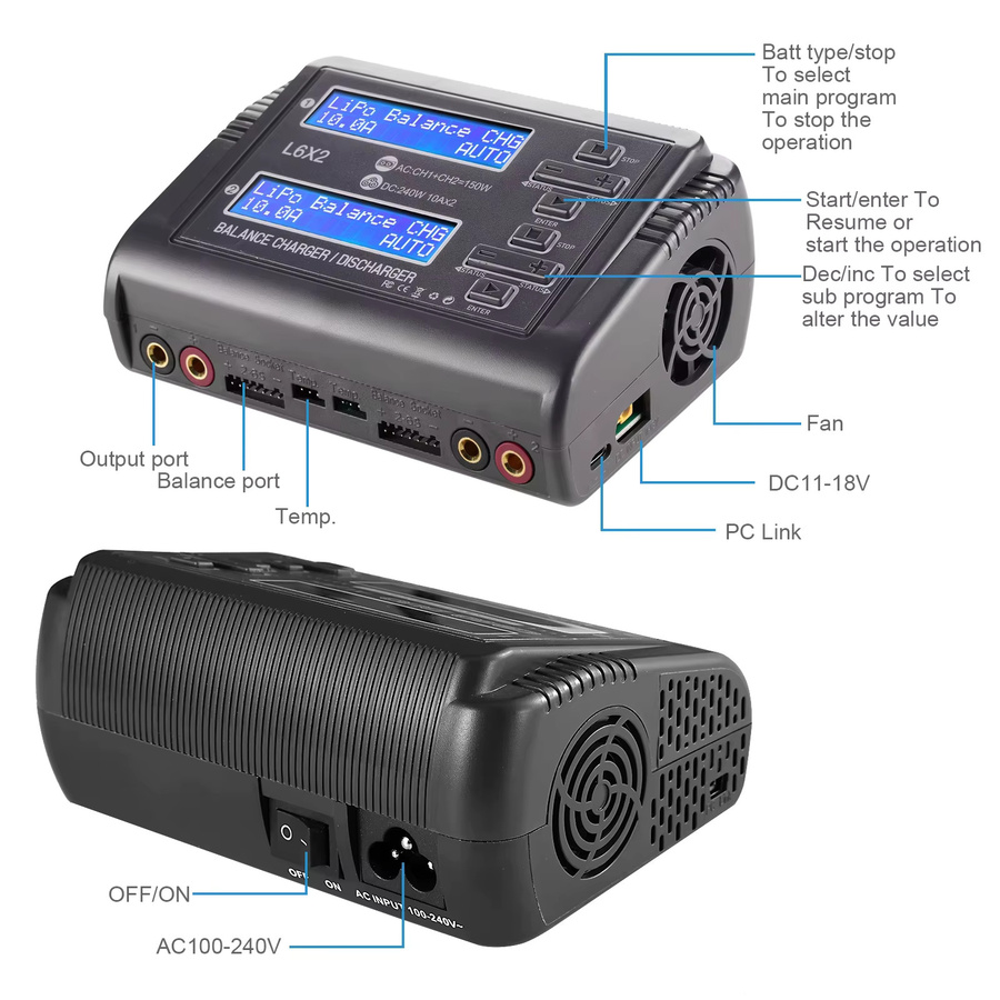 HTRC L6X2 Duo 10A Akku-Ladegerät AC 150W DC 240W RC Balancer-Entlader für 1-6S Li-Ion LiFe NiCd NiMH LiHV PB Smart Akkus in Schwarz - Bild 4