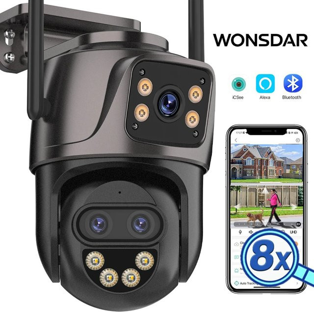 WONSDAR IP-Kamera für den Außenbereich, externe WLAN-Sicherheitskamera mit drei Objektiven, 4K HD Dual-Screen PTZ-Kamera mit automatischer Verfolgung, Schwarz - Bild 1