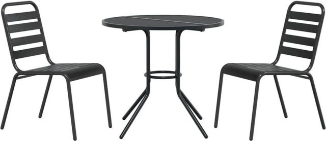 Furnicato Gartenstuhl-Set 3-teilig aus pulverbeschichtetem Stahl in Anthrazit mit Gitter-Design und runder Sitzfläche, stapelbar - Bild 1