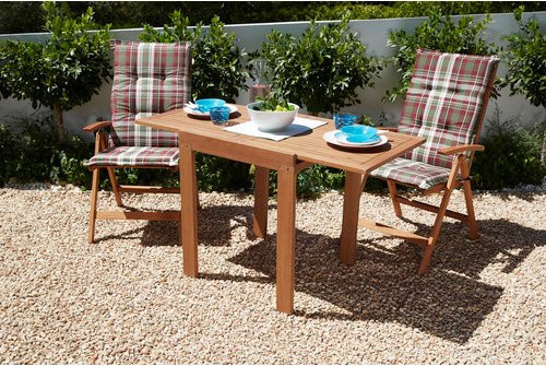 Merxx Gartenmöbelset Borkum aus Eukalyptusholz, 5-teilig mit ausziehbarem Tisch und 2 Klappsesseln inklusive karierten Auflagen in Beige und Rot - Bild 3