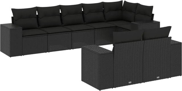 vidaXL 8-teilige Garten-Sofagarnitur in L-Form aus Poly-Rattan mit Kissen in Schwarz - Bild 1