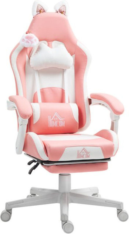 HOMCOM Gaming Stuhl mit Katzenohren in Rosa und Weiß aus Kunstleder mit Lendenwirbelstütze, Fußstütze und Kopfkissen - Bild 1