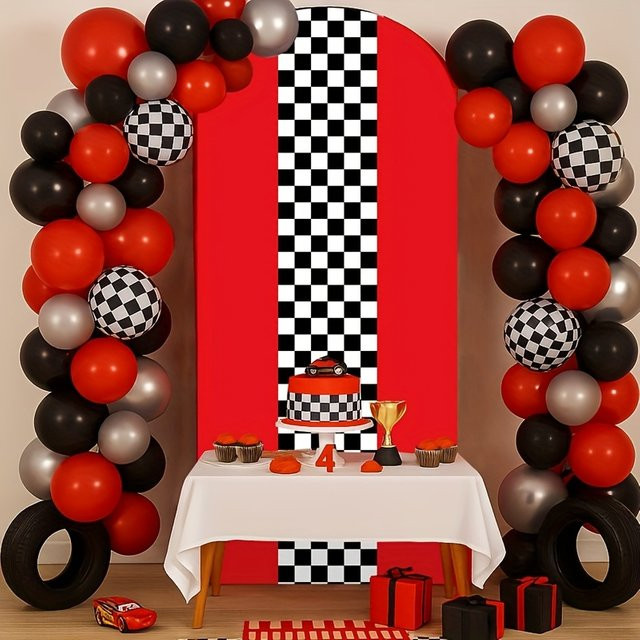 VIKAMA Hintergrundbezug mit Rennstrecken-Motiv in Multicolour für Geburtstage und Partys, elastische Dekoration mit geometrischem Design, B/H: 50 x 50 cm - Bild 1