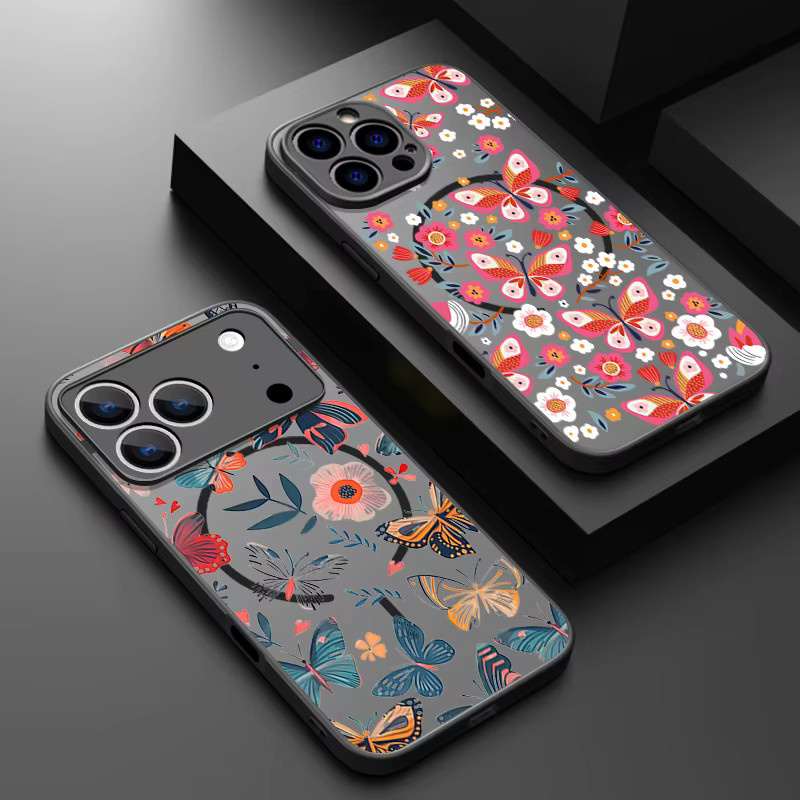 YISHANGOU Magnetische Handyhülle mit Schmetterlings-Blumen-Muster für iPhone 17 Pro Max 16 15 14 13 Pro Max MagSafe kompatibel, Schwarz/Mehrfarbig - Bild 1