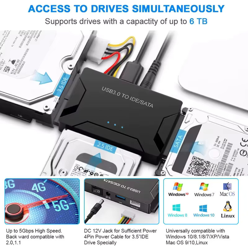 Congdi SATA/IDE zu USB 3.0 Adapter Konverter für 2,5 und 3,5 Zoll HDD SSD mit 12V 2A Netzteil in Schwarz - Bild 2