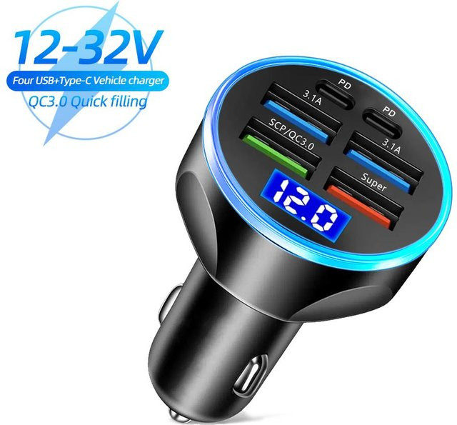 YJMP 6-Port USB-Autoladegerät mit 4 USB-A und 2 PD USB-C Anschlüssen, Schnellladegerät QC3.0 mit Spannungsanzeige, Schwarz - Bild 1