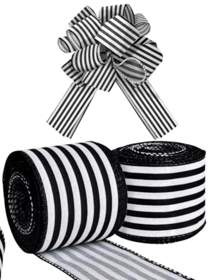 2 Rollen Schwarz-Weiß Gestreiftes Satinband mit Draht für Weihnachtsbaum, Kränze und Geschenkdekoration, 5 Yards pro Rolle - Bild 7