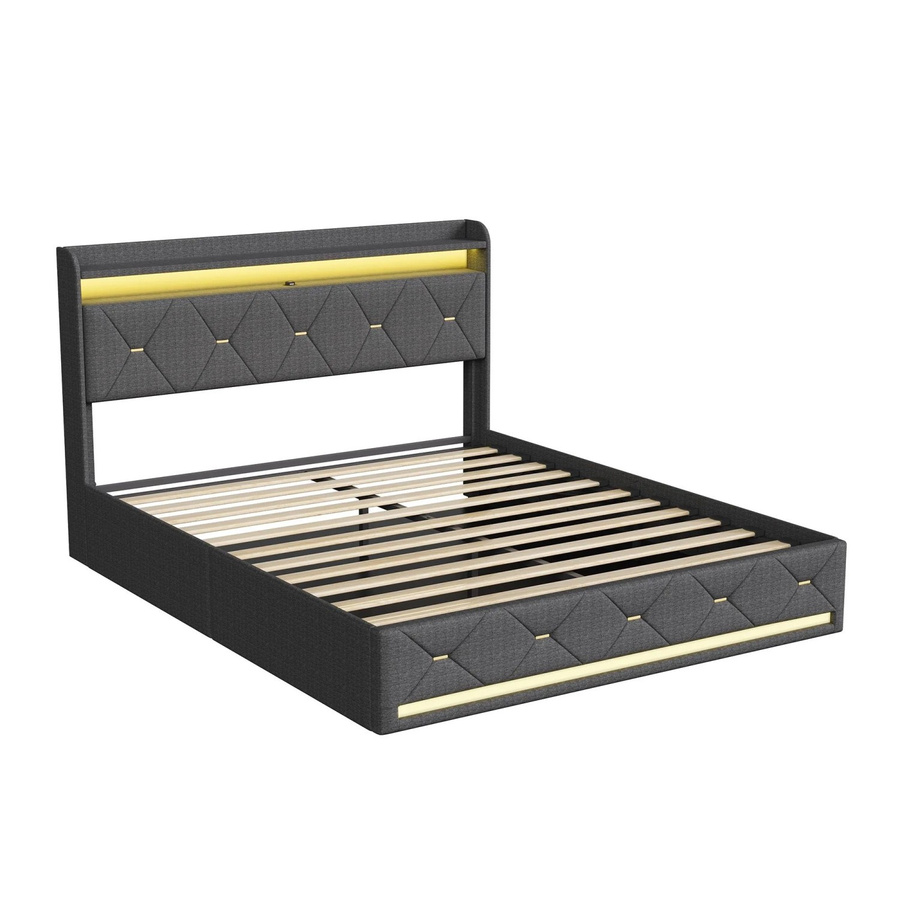 PXloue Polsterbett mit Stauraum und RGB LED in Grau, B/T/H: 140 x 200 x 110 cm mit USB Type C und Bettkasten - Bild 2