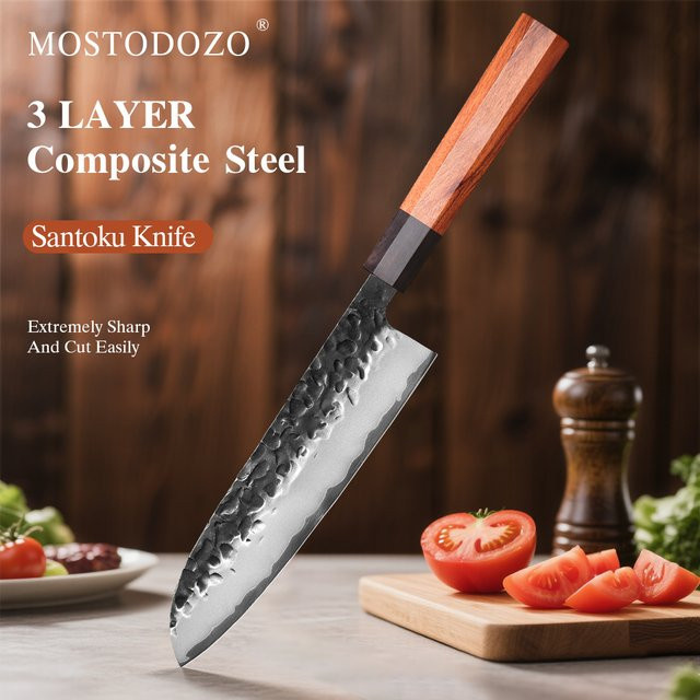 MOSTODOZO Santoku-Messer aus 3-lagigem Verbundstahl mit Holzgriff, 19,05 cm Japanisches Kochmesser - Bild 1