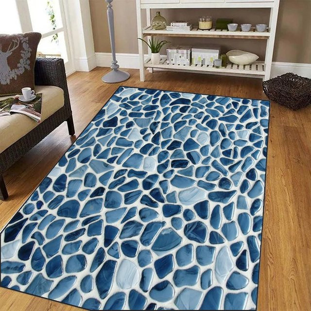 Blauer abstrakter Teppich mit Steinstraßenmuster aus Polyester, rutschfeste Matte für Terrasse, Garten und Außenbereich - Bild 1