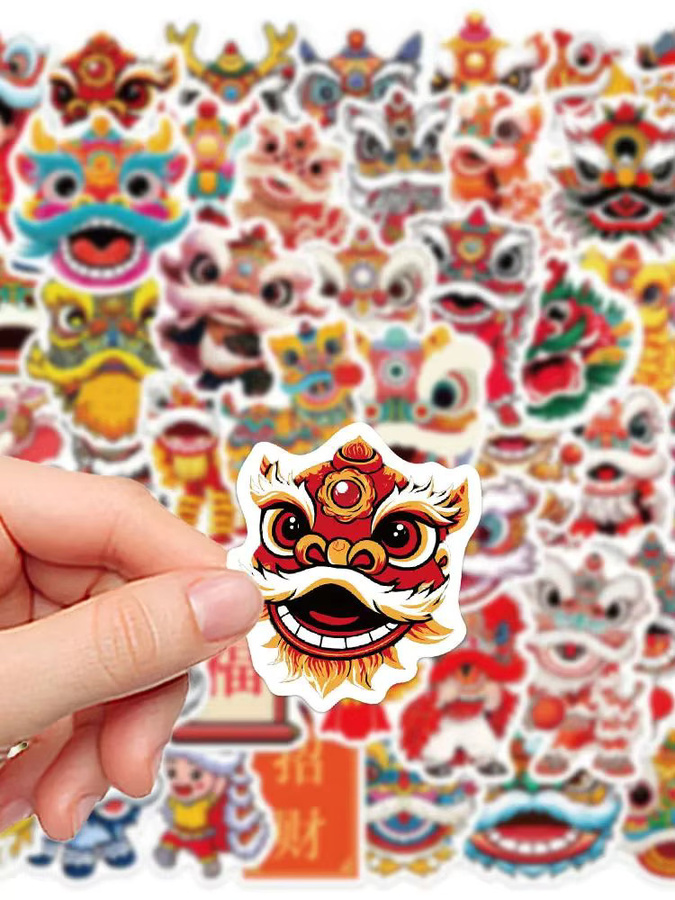 50 Stück Rote Chinesische Löwentanz Aufkleber im Cartoon-Design für Telefon, Laptop und Schreibwaren - Bild 3