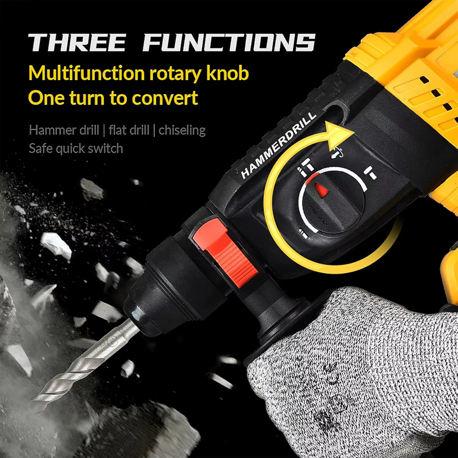 DWiusty 3-in-1 Akku-Bohrhammer mit bürstenlosem Motor und Meißel für Beton und Wände, Gelb - Bild 2