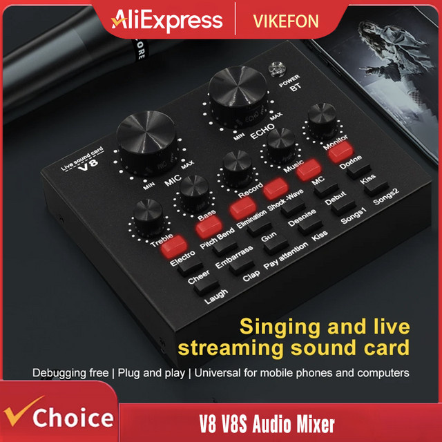 VIKEFON V8 V8S Audio-Mixer in Schwarz mit USB, Mikrofon- und Headset-Anschluss für Webcast und Live-Übertragungen - Bild 1