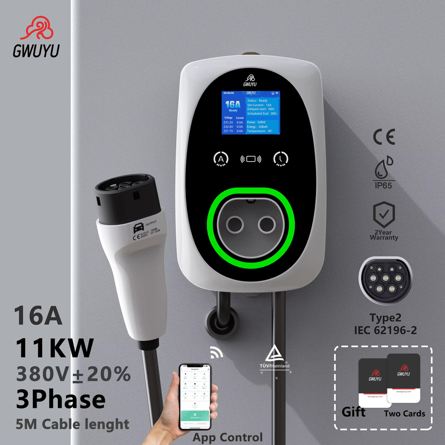 GWUYU Wandmontierte EV Wallbox Ladestation Typ2 mit 5m Kabel, 11kW 16A oder 22kW 32A, APP-Steuerung und LCD-Display, IP65 Wasserdicht, Farbe: Weiß - Bild 2