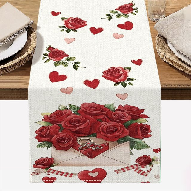 Romantischer Tischläufer mit rotem Rosen-Blumenmuster aus Leinen, rechteckig, Farbe: Rot und Weiß - Bild 1