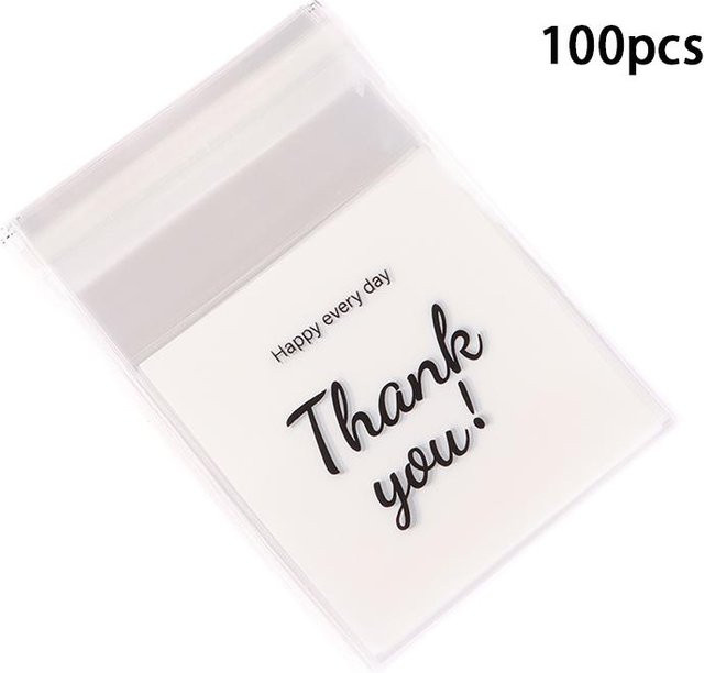 100 Stück Selbstklebende Klarsichtbeutel mit Danke-Aufdruck für Süßigkeiten und Gebäck, Farbe: Weiß, Breite: 7 cm - Bild 1