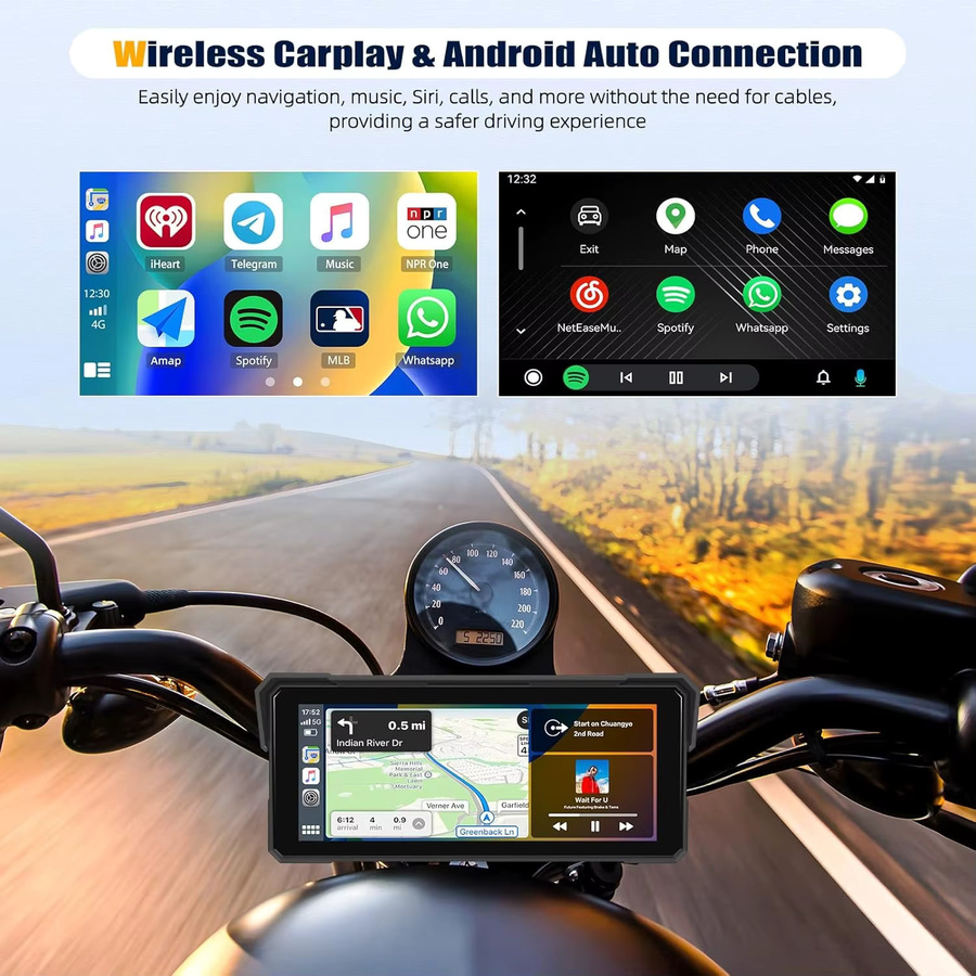 Srnubi Tragbares Motorrad GPS-Navigationssystem mit 8,1 Zoll Display, Wireless CarPlay und Android Auto, IPX7 wasserdicht, Schwarz - Bild 3
