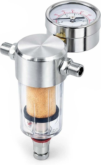 Wiltec Airbrush Kompressor Minifilter mit Manometer und Luftfilter Abscheider in Silber und Transparent, Durchmesser: 9,51 mm - Bild 1
